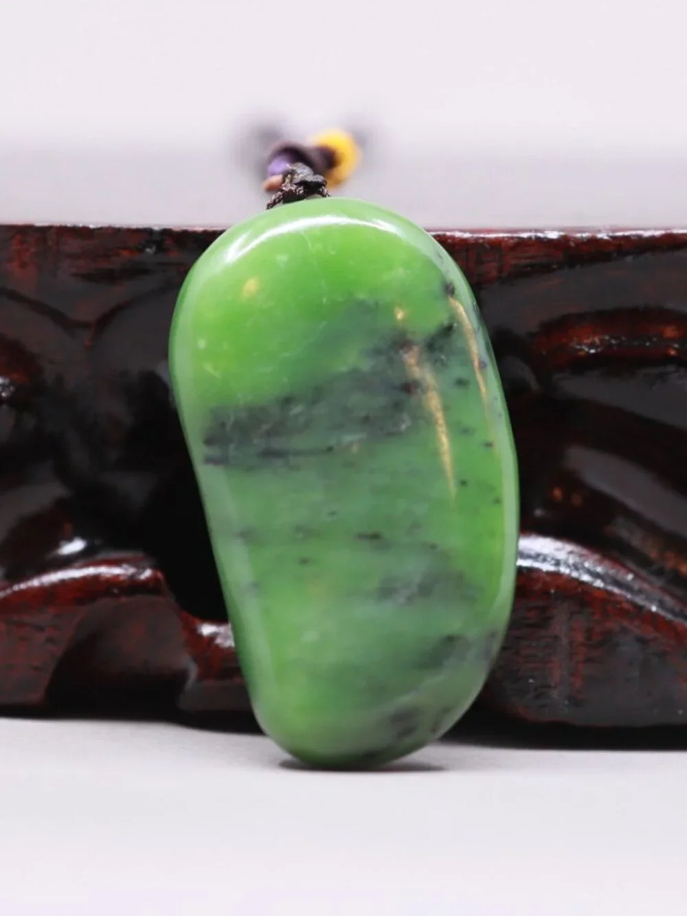 Chinese Green Hetian Jade Pendant w Guanyin & Ruyi